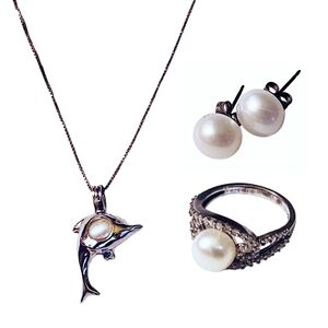 Elegant Sterling Silver Dolphin Pearl Necklace Ring Earrings Jewelry Set